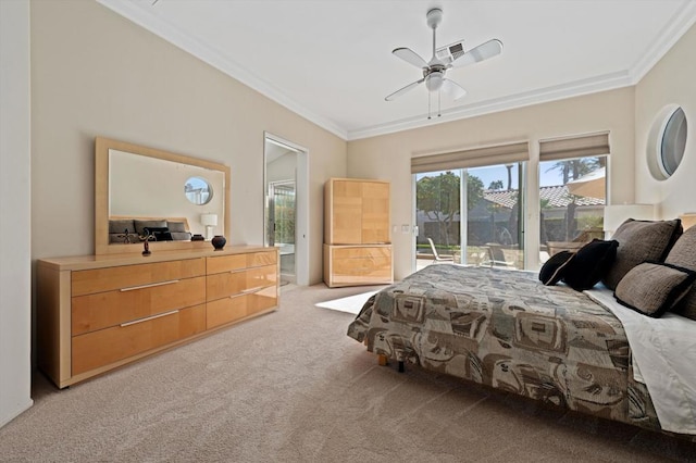 carpeted bedroom featuring access to outside, ceiling fan, and ornamental molding