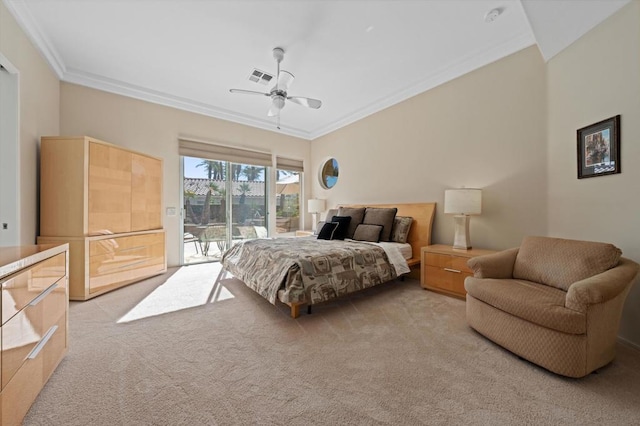 bedroom with light carpet, access to outside, ceiling fan, and ornamental molding