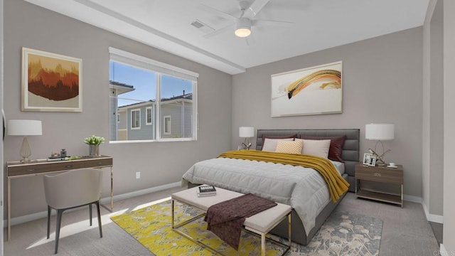 bedroom with ceiling fan and carpet floors