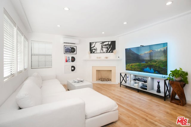 living room featuring wood-type flooring and a wall unit AC