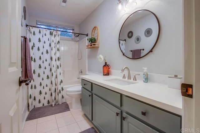 full bathroom featuring toilet, shower / bath combo, vanity, and tile patterned floors