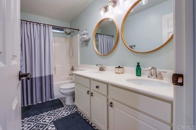 full bathroom featuring tile patterned flooring, vanity, toilet, and shower / bathtub combination with curtain