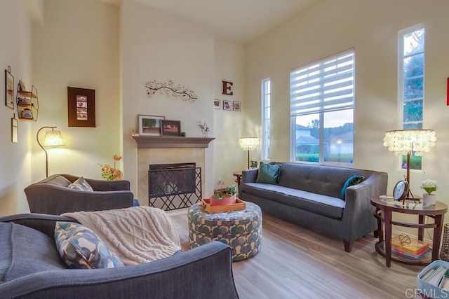 living room with hardwood / wood-style flooring and a tiled fireplace