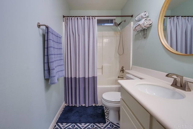 full bathroom featuring tile patterned flooring, shower / bath combination with curtain, toilet, and vanity