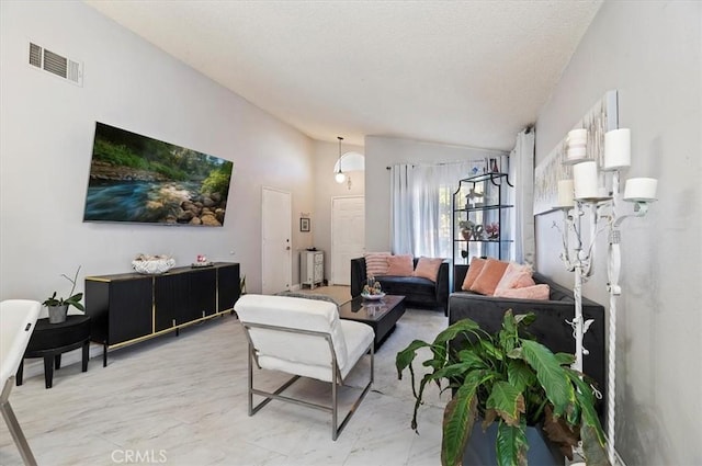 living room featuring lofted ceiling