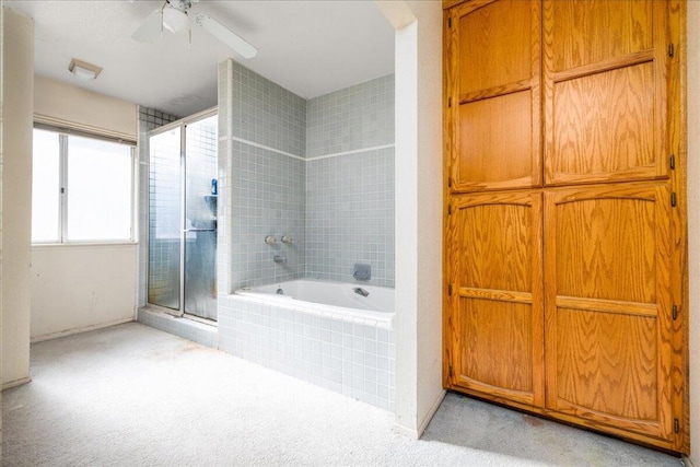 bathroom with ceiling fan and shower with separate bathtub