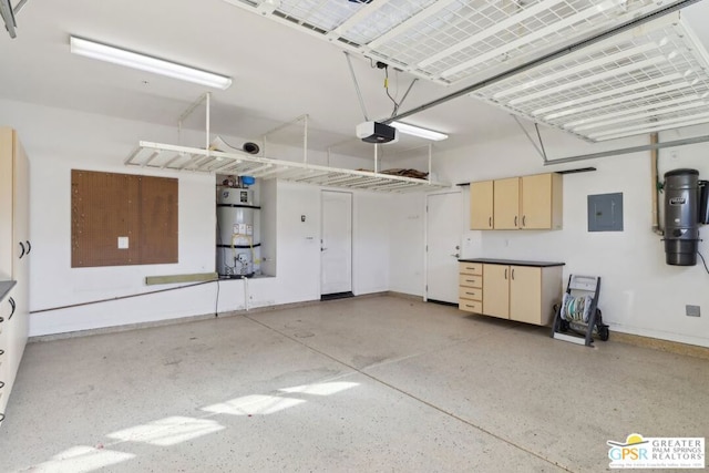 garage featuring a garage door opener, electric panel, and water heater