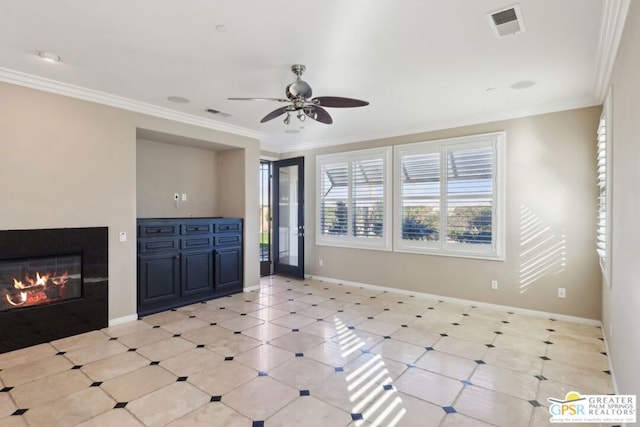 unfurnished living room featuring crown molding and ceiling fan