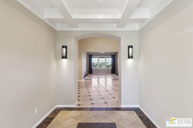 hall featuring beamed ceiling, crown molding, coffered ceiling, and tile patterned floors