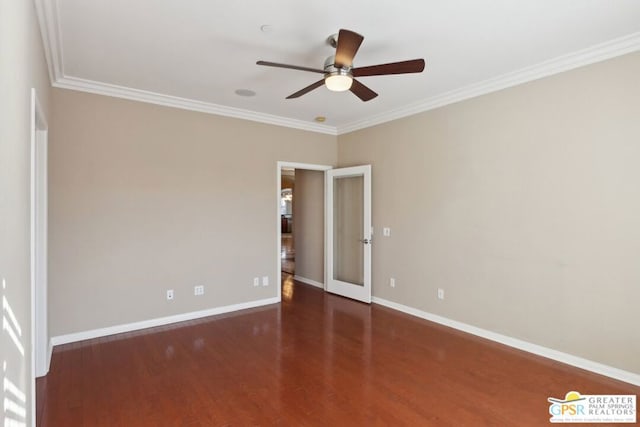 empty room with ornamental molding, dark hardwood / wood-style floors, and ceiling fan