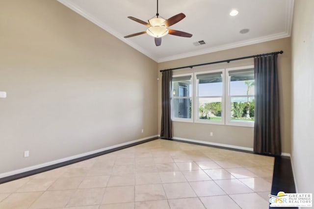 unfurnished room with crown molding, light tile patterned floors, and ceiling fan