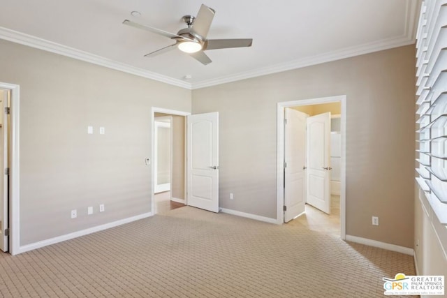 unfurnished bedroom featuring ornamental molding, light colored carpet, and ceiling fan