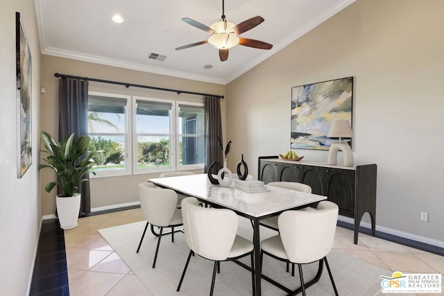 dining space featuring light tile patterned floors, ornamental molding, and ceiling fan