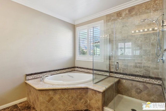 bathroom featuring crown molding, tile patterned floors, and separate shower and tub