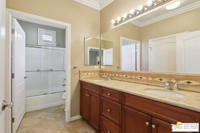 full bathroom with enclosed tub / shower combo, ornamental molding, toilet, and vanity