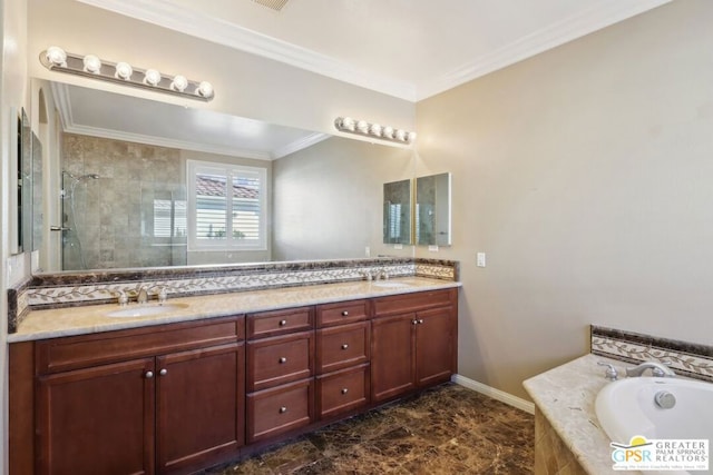 bathroom with vanity, crown molding, and shower with separate bathtub