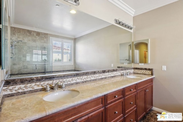 bathroom featuring walk in shower, ornamental molding, and vanity