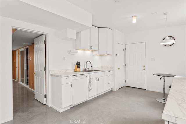 kitchen featuring white cabinetry, sink, white dishwasher, and pendant lighting