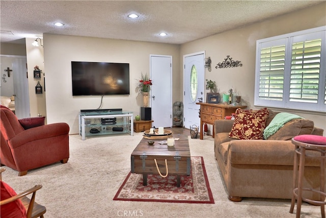 carpeted living room with a textured ceiling