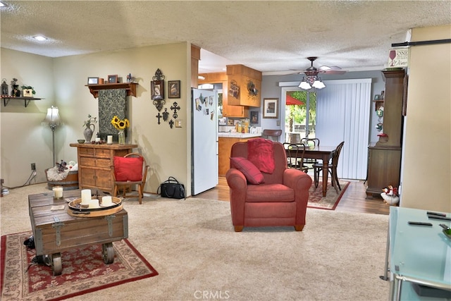 living room featuring a textured ceiling, light wood-type flooring, and ceiling fan