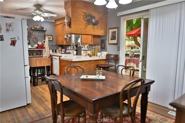 dining area with crown molding, dark hardwood / wood-style floors, and ceiling fan