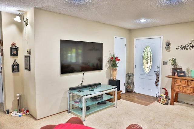 living room featuring a textured ceiling and hardwood / wood-style flooring