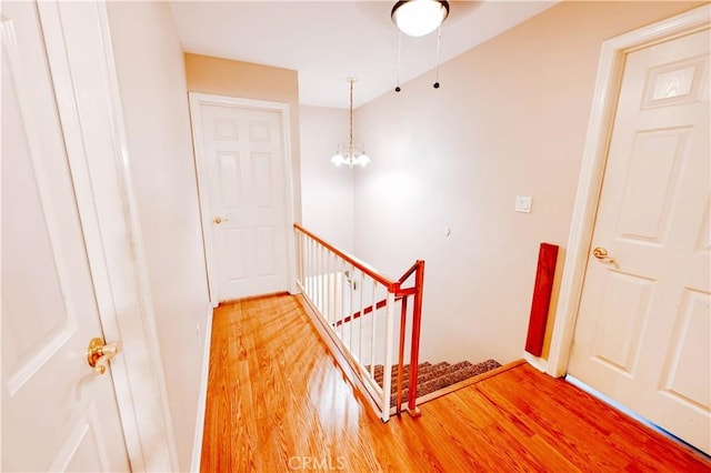 staircase with an inviting chandelier and wood-type flooring