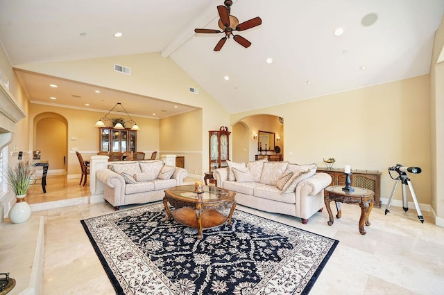 living room featuring beam ceiling, high vaulted ceiling, and ceiling fan