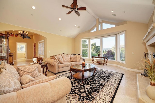 tiled living room featuring beamed ceiling, plenty of natural light, ceiling fan with notable chandelier, and high vaulted ceiling