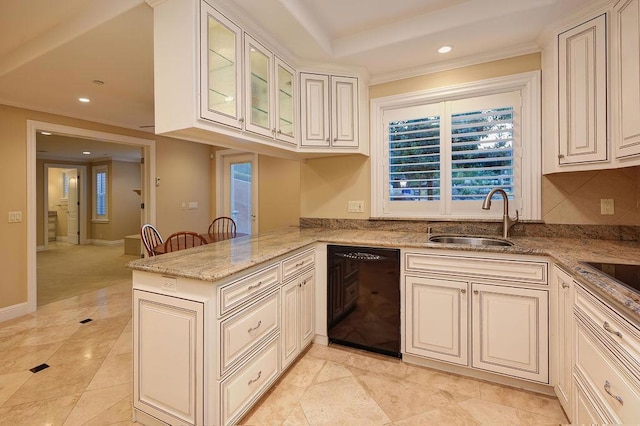 kitchen with sink, light stone counters, light tile patterned floors, dishwasher, and kitchen peninsula