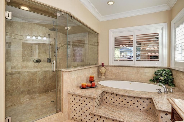 bathroom featuring crown molding, shower with separate bathtub, and a healthy amount of sunlight