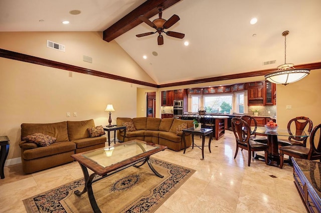 living room with beam ceiling, high vaulted ceiling, and ceiling fan