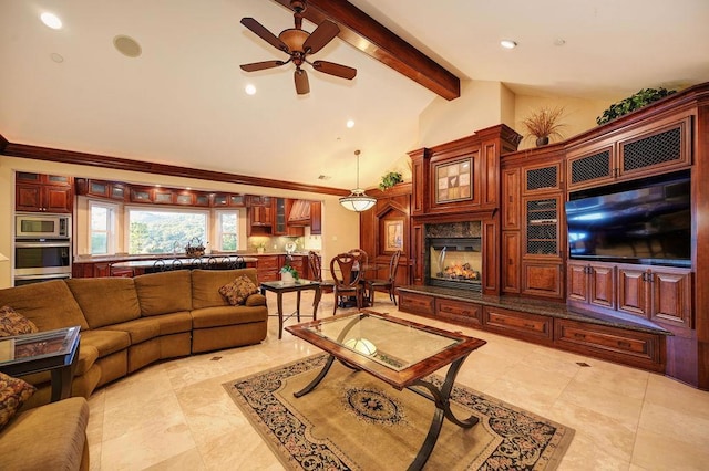 living room with ceiling fan, vaulted ceiling with beams, and a fireplace