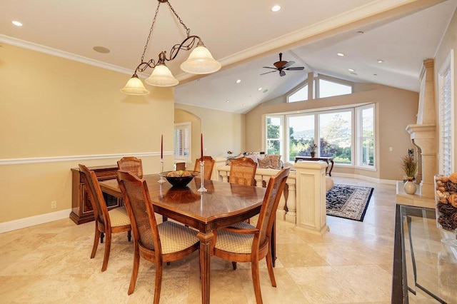 dining area with vaulted ceiling and ornamental molding