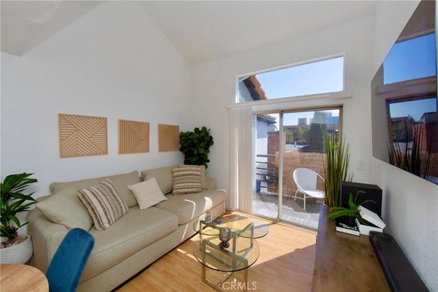 living room featuring high vaulted ceiling and wood-type flooring