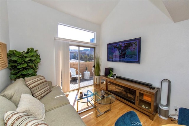 living room with high vaulted ceiling and light hardwood / wood-style flooring