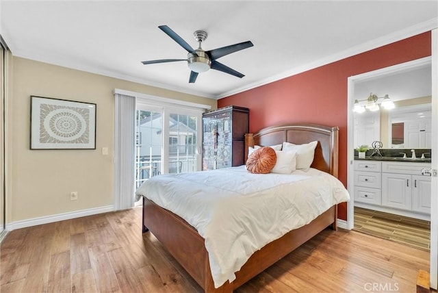 bedroom featuring ceiling fan, light hardwood / wood-style flooring, ensuite bathroom, access to outside, and ornamental molding