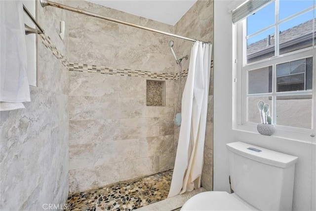 bathroom featuring toilet and a shower with shower curtain