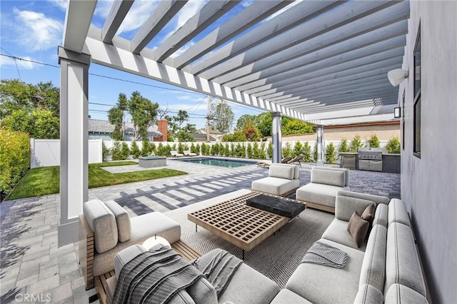 view of patio featuring an outdoor living space, a fenced in pool, grilling area, an outdoor kitchen, and a pergola