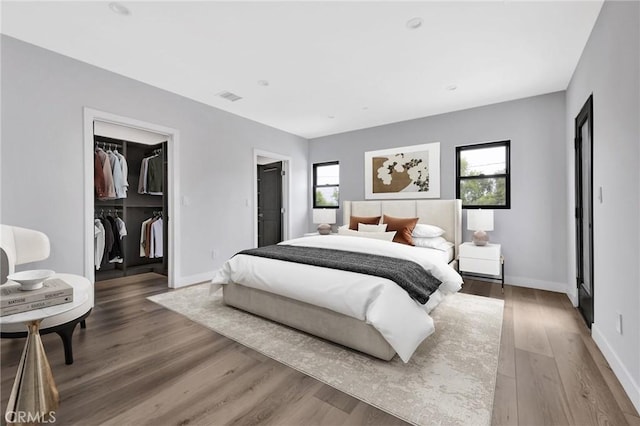 bedroom with a walk in closet, a closet, wood-type flooring, and multiple windows