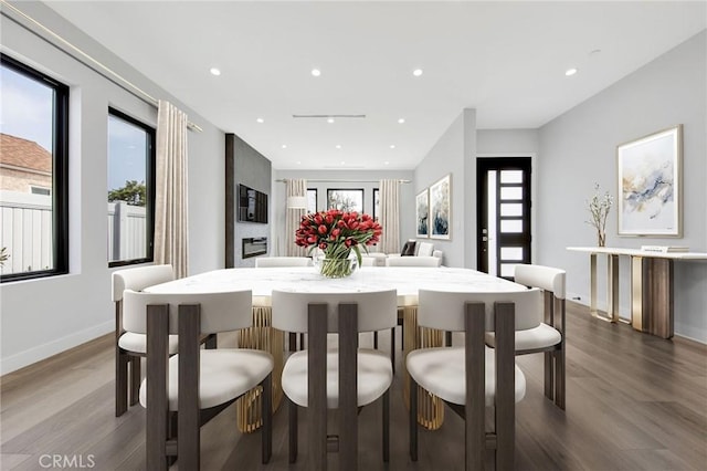 dining space with hardwood / wood-style floors