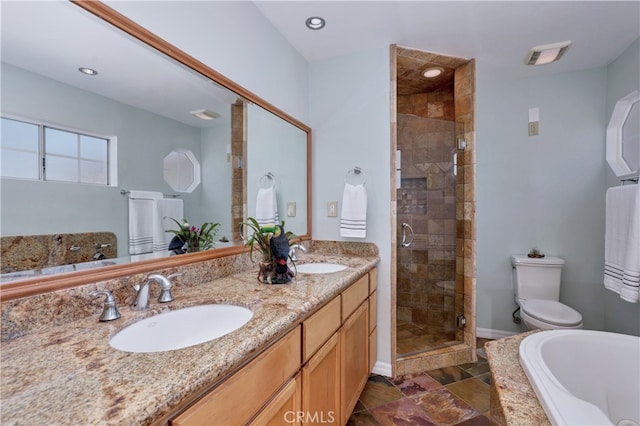 full bathroom with plus walk in shower, vanity, and toilet