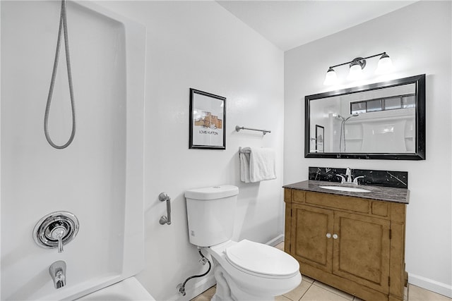 full bathroom with vanity, bathtub / shower combination, toilet, and tile patterned floors