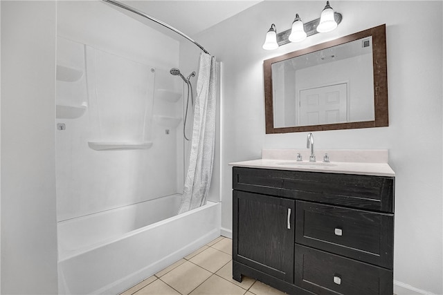 bathroom featuring vanity, tile patterned flooring, and shower / tub combo with curtain