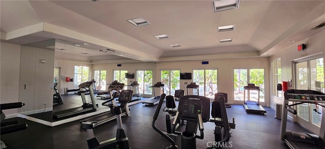 exercise room with a tray ceiling and a wealth of natural light