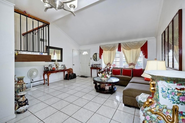 tiled living room featuring crown molding and lofted ceiling