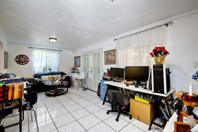 office space with a textured ceiling, crown molding, light tile patterned floors, and french doors