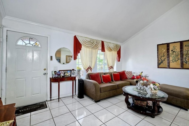 living room with a healthy amount of sunlight, lofted ceiling, ornamental molding, and light tile patterned floors