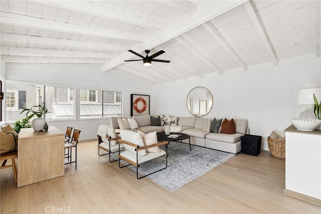 living room with wooden ceiling, vaulted ceiling with beams, ceiling fan, and light hardwood / wood-style flooring