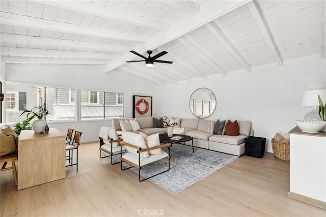 living area featuring vaulted ceiling with beams, a ceiling fan, light wood-type flooring, baseboards, and wood ceiling